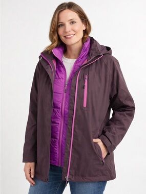 Crane 3-in-1 Waterproof Hiking Jacket Hooded Purple Brown L